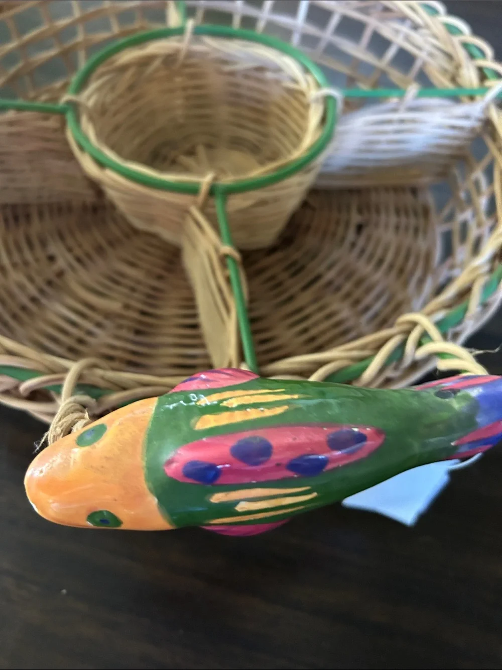 Woven Wicker Divided Serving Basket with Green Trim and Colorful Fish Accents